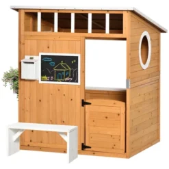 Outsunny Wooden Playhouse For Kids Outdoor, Garden Games Cottage, With Working Door, Windows, Mailbox, Bench, Flowers Pot Holder, 48" X 42.5" X 53" -LITTLE TIKES Shop GUEST ce0c878c 12af 4c33 8a7a ccbe5adac9ab