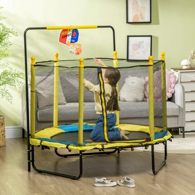 Qaba 4.6' Kids Trampoline With Basketball Hoop, Horizontal Bar, 55" Indoor Trampoline With Enclosure Net, Ages 1-10, Yellow 2 Qaba 4.6' Kids Trampoline With Basketball Hoop, Horizontal Bar, 55" Indoor Trampoline With Enclosure Net, Ages 1-10, Yellow - Image 2