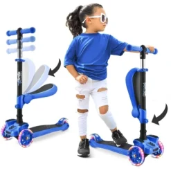 Hurtle ScootKid 3 Wheel Toddler Child Mini Ride On Toy Tricycle Scooter With Adjustable Handlebar, Foldable Seat, And Colorful Light Up Wheels, Blue