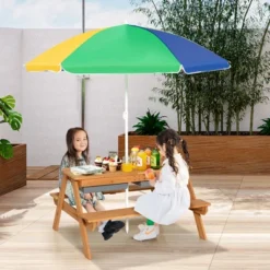 Costway 3-in-1 Kids Picnic Table Wooden Outdoor Sand & Water Table W/Umbrella Play Box Es