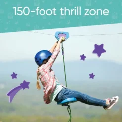 HearthSong 150-Foot Stainless Steel Blue Backyard Zipline Kit With Adjustable Seat, Non-Slip Handles, And Rubber Stopper