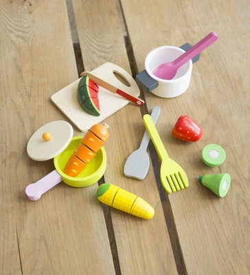 HearthSong 12-Piece Painted Wooden Culinary Play Set With Fruits, Vegetables, And Utensils 1 HearthSong 12-Piece Painted Wooden Culinary Play Set With Fruits, Vegetables, And Utensils
