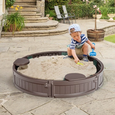 Costway 4F Wooden Sandbox W/Built-in Corner Seat, Cover, Bottom Liner For Outdoor Play 1 Costway 4F Wooden Sandbox W/Built-in Corner Seat, Cover, Bottom Liner For Outdoor Play