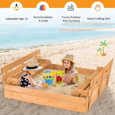 Costway Kids Large Wooden Sandbox W/Cover 2 Convertible Bench Seats For Outdoor Play 3 Costway Kids Large Wooden Sandbox W/Cover 2 Convertible Bench Seats For Outdoor Play - Image 3