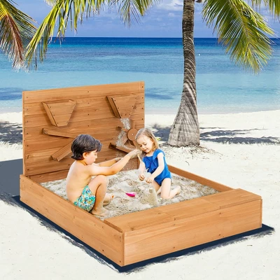 Costway Wooden Sandbox W/ Sand Wall & Cover & Bottom Liner For Kids Outdoor 2 Costway Wooden Sandbox W/ Sand Wall & Cover & Bottom Liner For Kids Outdoor - Image 2