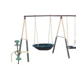 XDP Recreation Deerfield Swing Set,10 Child Capacity Backyard Playground W/ Slide, See-Saw, Trapeze Swing, Fun-Glidr, Swing Seat, & Stand N Swing